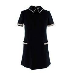Saint Laurent Crystal Embellished Black Wool Mini Shift Dress