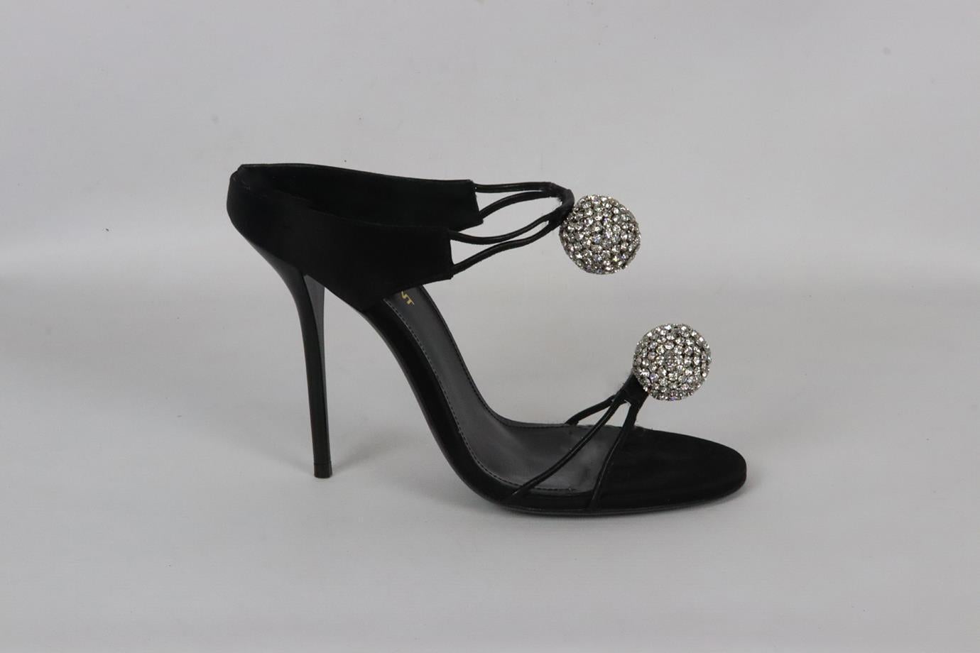 Saint Laurent crystal embellished satin and leather mules. Black. Slip on. Does not come with dustbag or box. Size: EU 38.5 (UK 5.5, US 8.5). Heel Height: 9.5 in. Heel Height: 3.5 in. Platform: 0.2 in. Very good condition - Worn once. Light wear to
