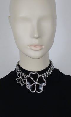 SAINT LAURENT Crystal Heart Clover Flower Silver Tone Choker Necklace