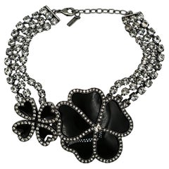SAINT LAURENT Crystal Heart Clover Flower Silver Tone Choker Necklace