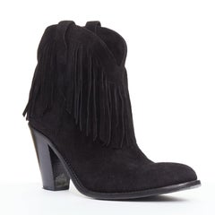 SAINT LAURENT Curtis 80 black suede fringe cuban heel western boots EU39.5