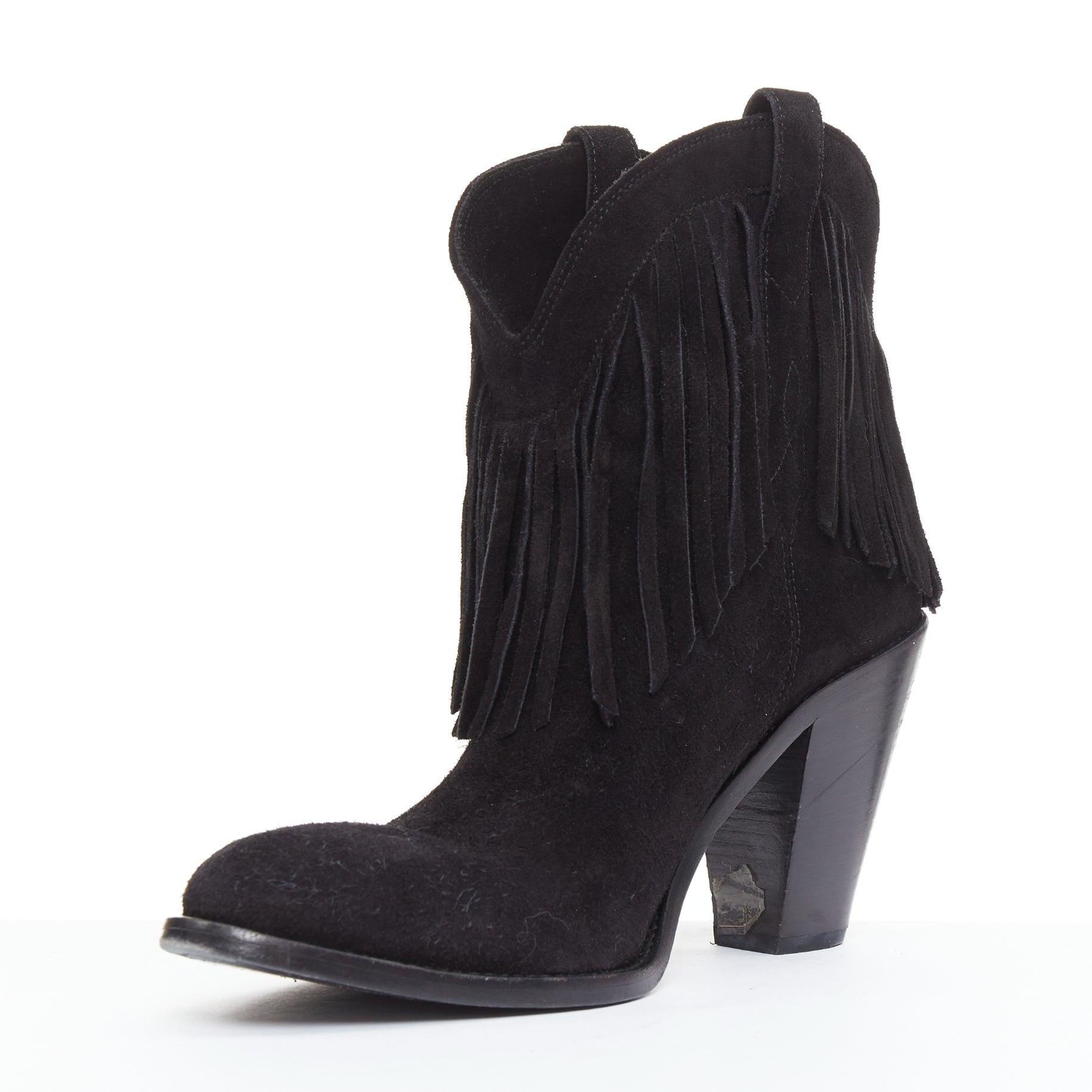 Donna SAINT LAURENT Curtis 80 nero scamosciato frange tacco cubano stivali western EU39.5 in vendita