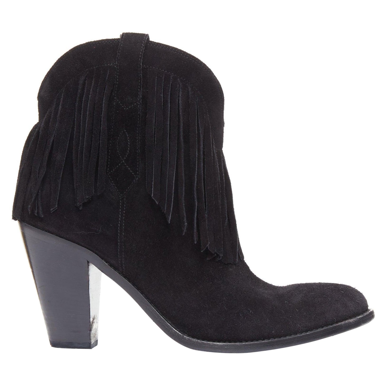 SAINT LAURENT Curtis 80 black suede fringe cuban heel western boots EU39.5
