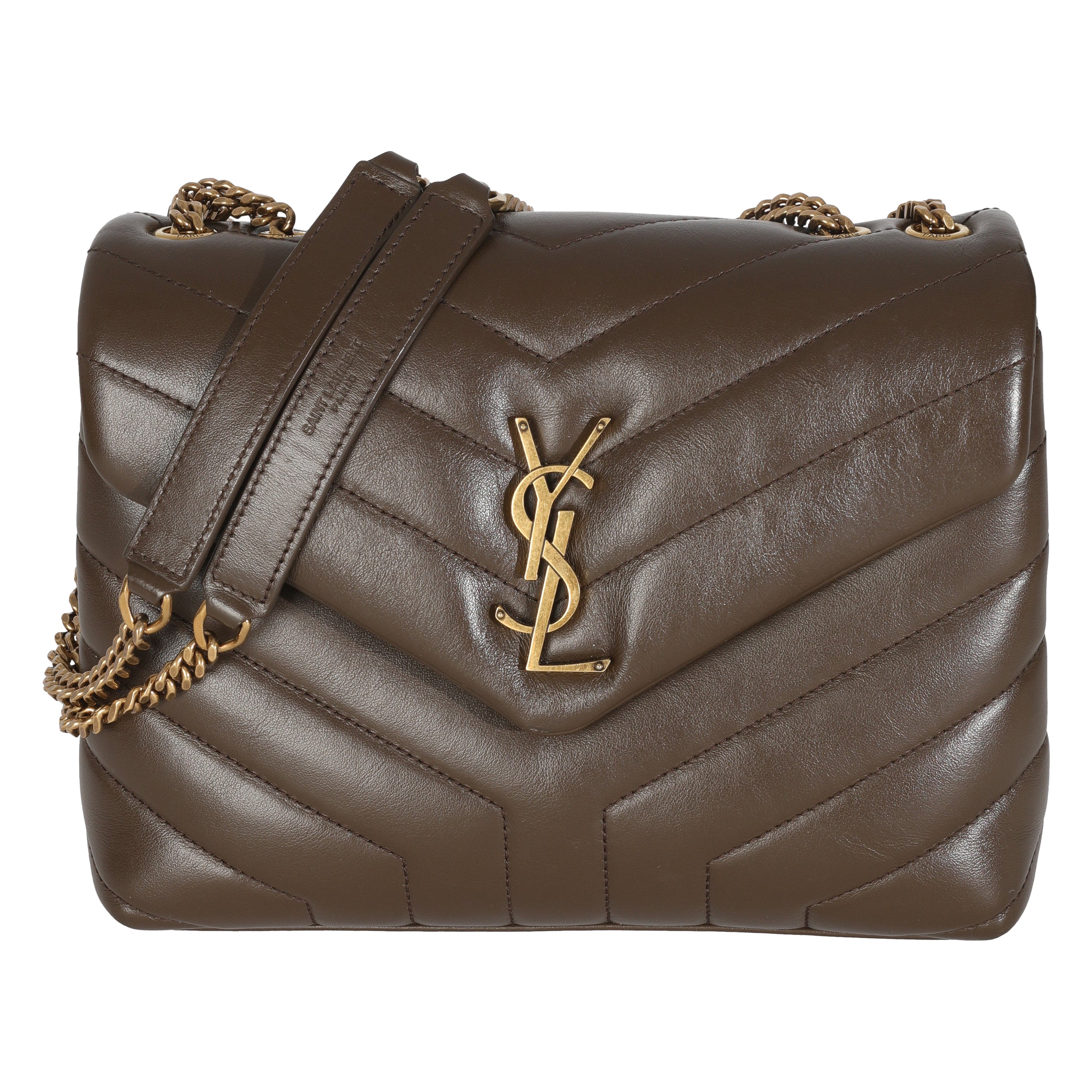 Saint Laurent Beige scuro in pelle di vitello Y Trapuntata Monogram Piccola Loulou Catena Satchel