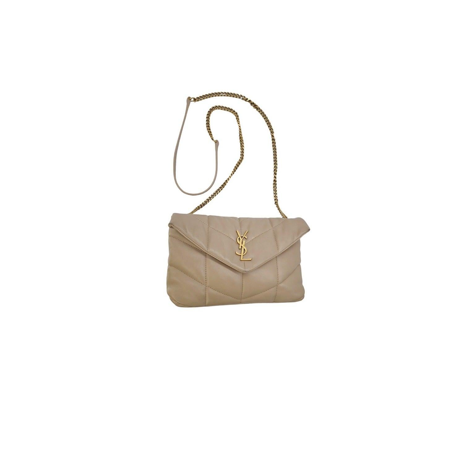 Saint Laurent Dark Beige Loulou Puffer Small Quilted Leather Shoulder Bag In Good Condition In Scottsdale, AZ