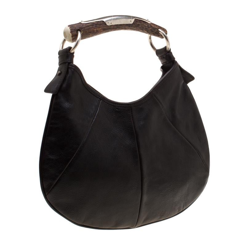 Saint Laurent Dark Brown Leather Mombasa Horn Hobo In Good Condition In Dubai, Al Qouz 2