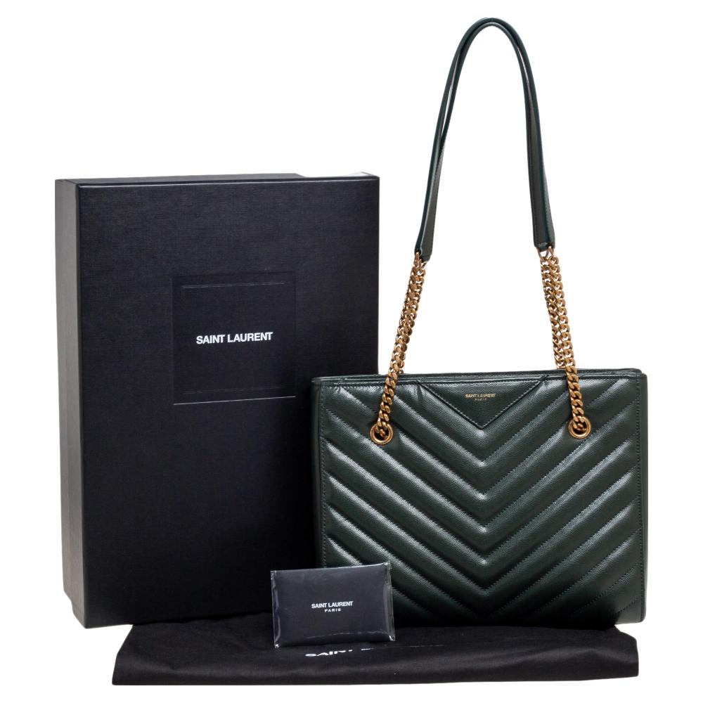 Saint Laurent Dark Green Chevron Quilted Leather Tribeca Small Tote 6