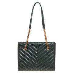 Saint Laurent Dark Green Chevron Quilted Leather Tribeca Small Tote