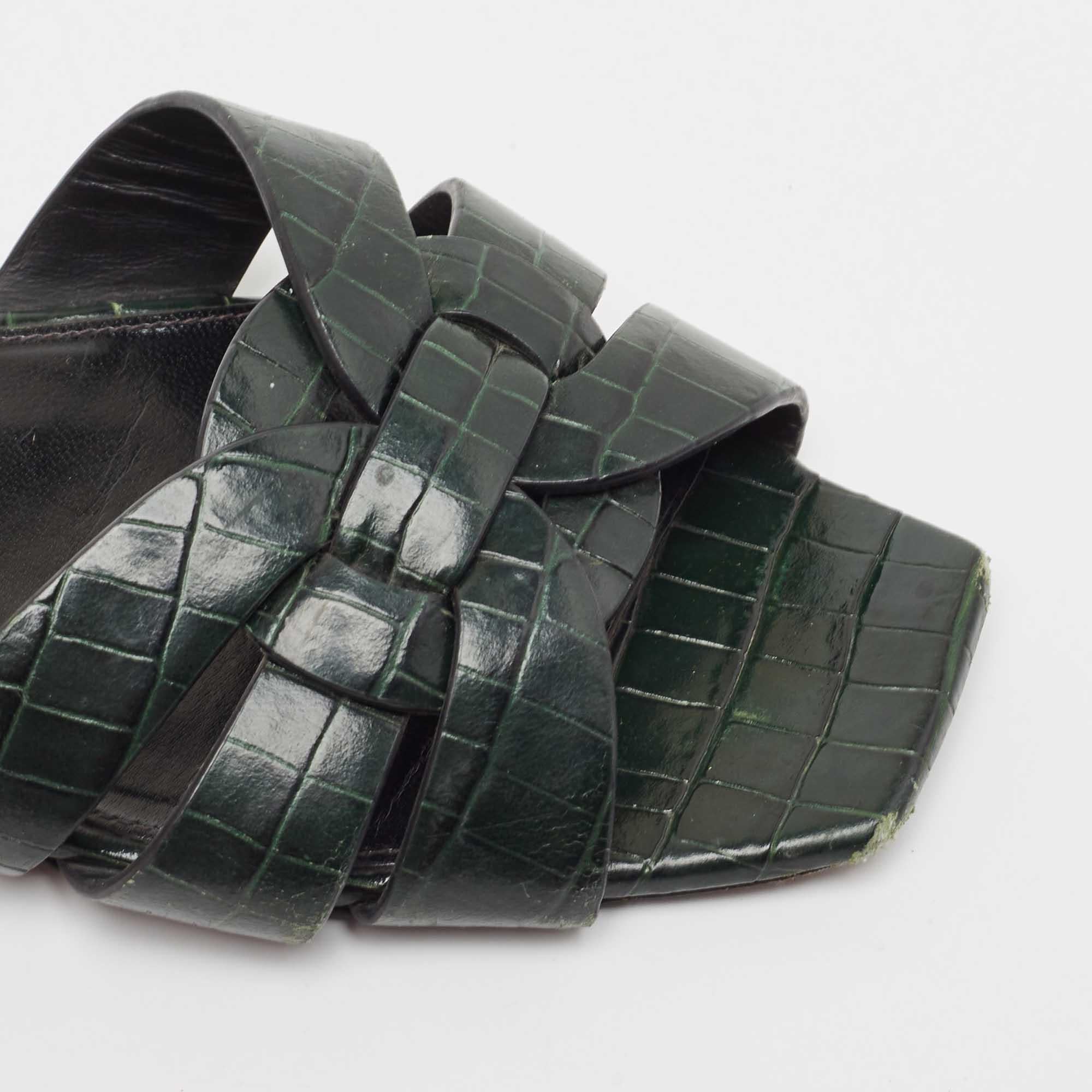 Saint Laurent Dark Green Croc Embossed Leather Tribute Flat Slides Size 37.5 For Sale 2