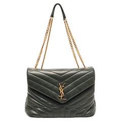 Saint Laurent Dark Green Matelassé Leather Medium LouLou Shoulder Bag