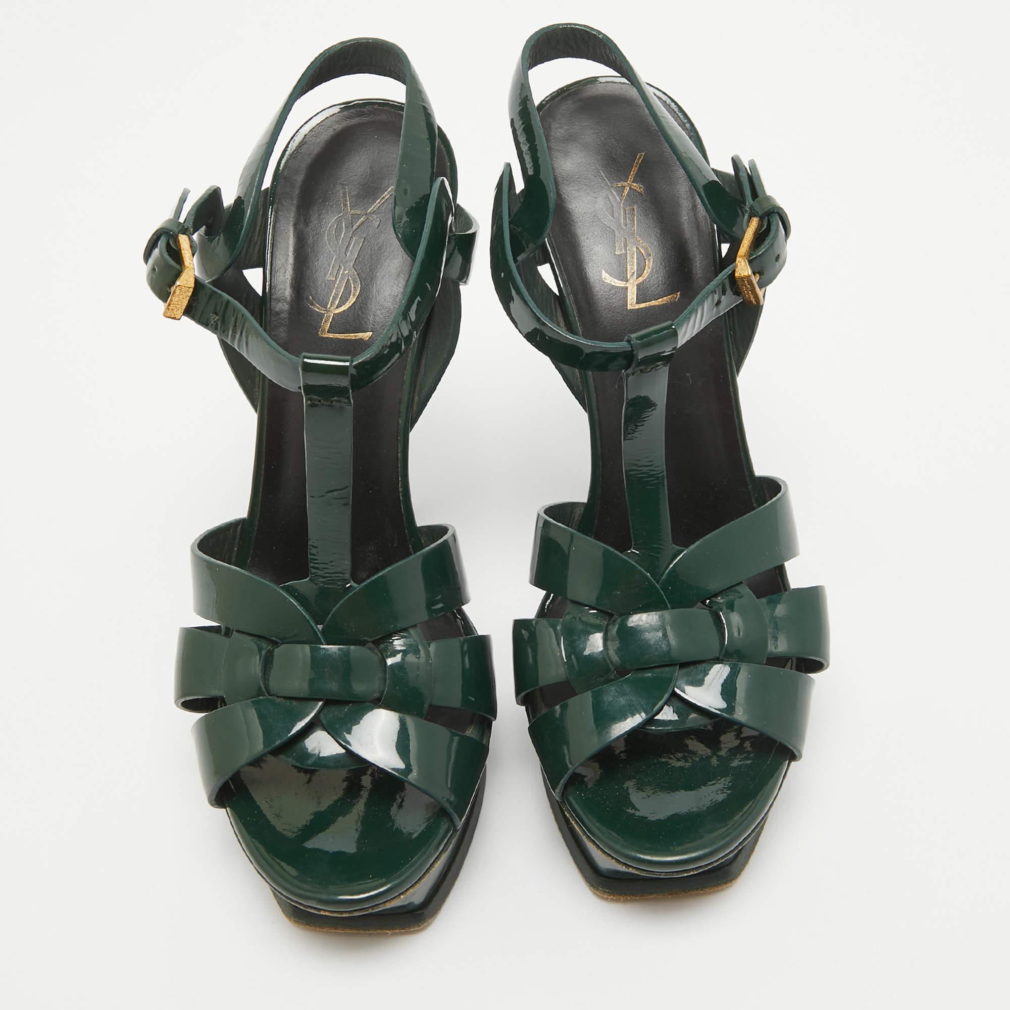 Black Saint Laurent Dark Green Patent Leather Tribute Sandals Size 37