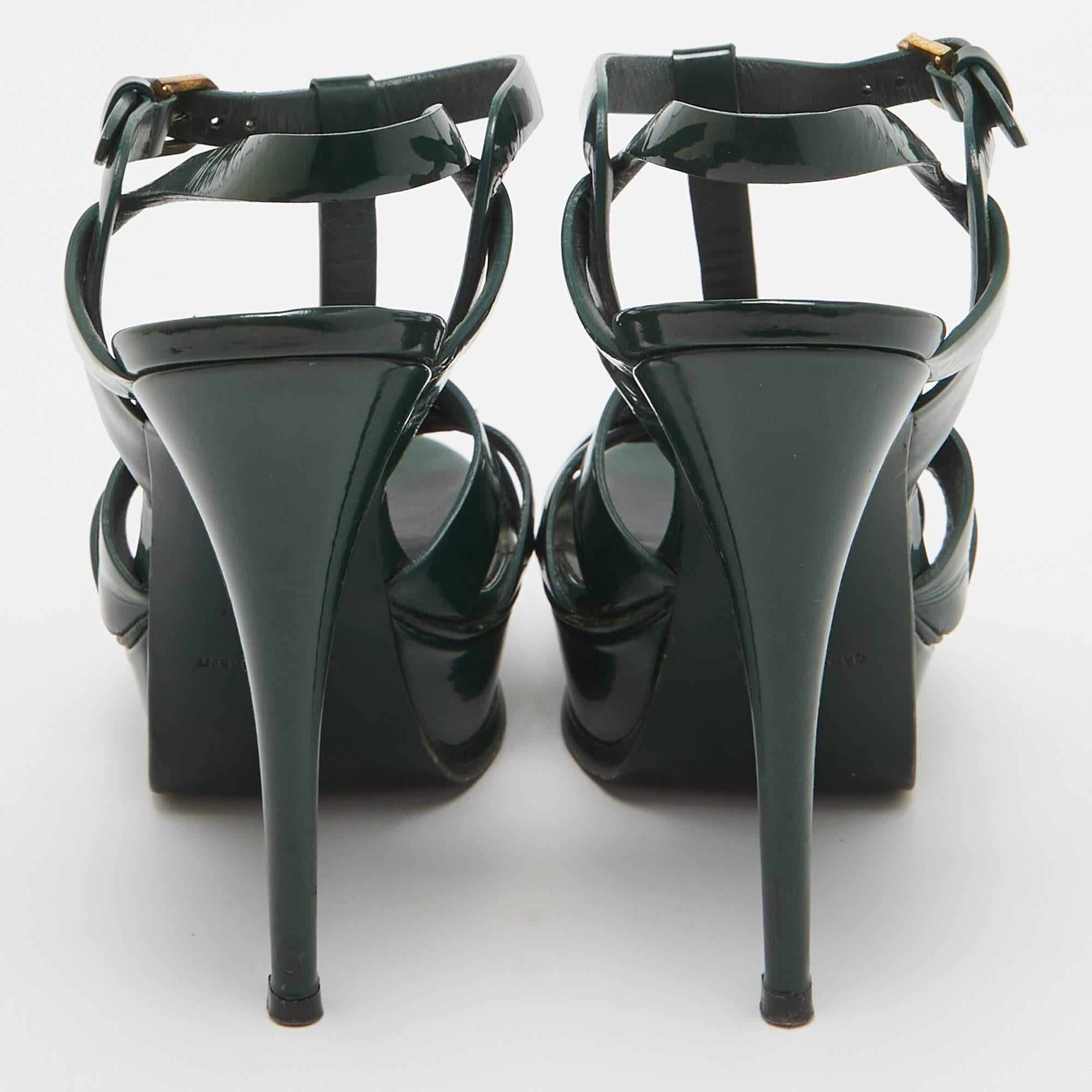 Women's Saint Laurent Dark Green Patent Leather Tribute Sandals Size 37