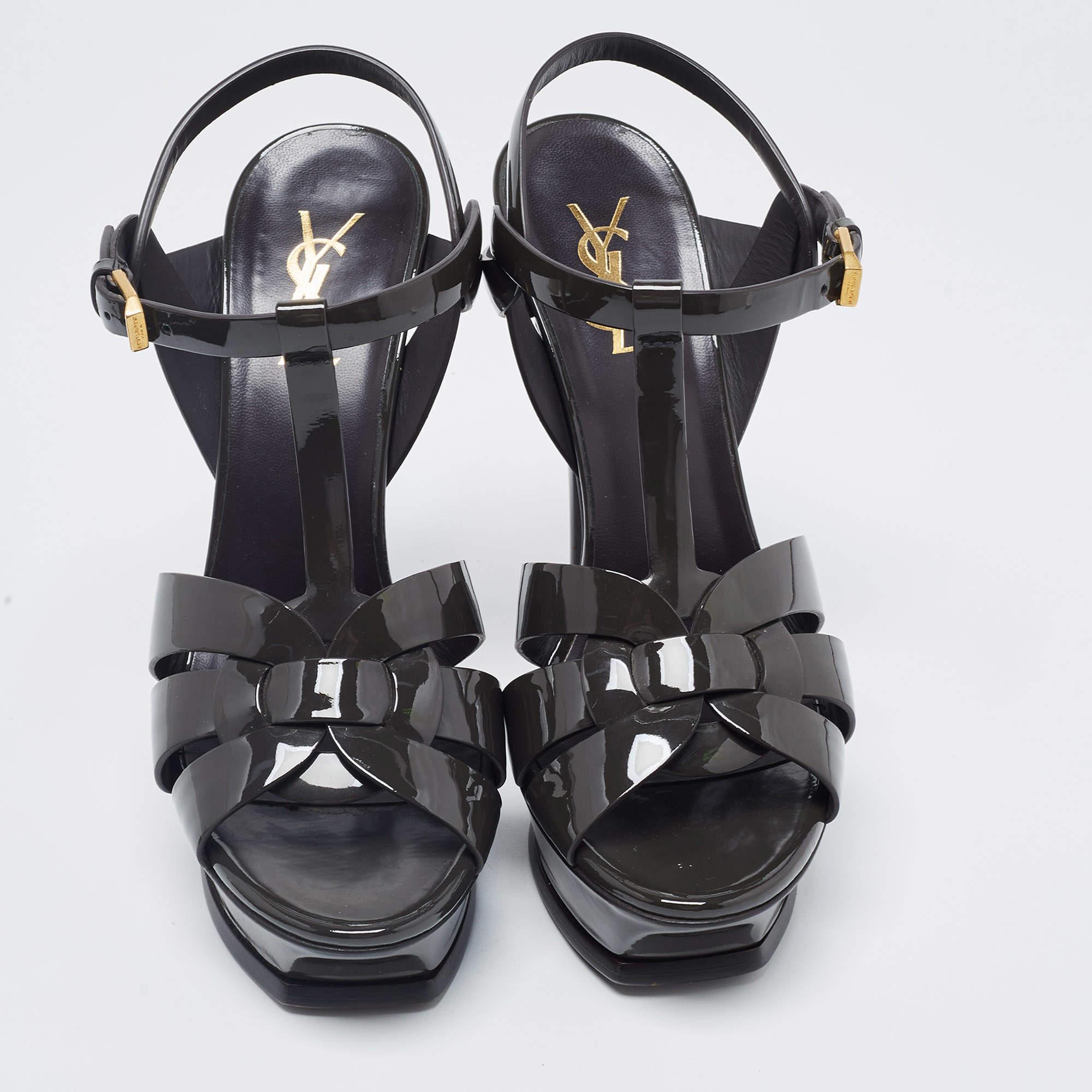 Saint Laurent Dark Green Patent Tribute Sandals Size 39 In Good Condition In Dubai, Al Qouz 2
