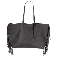 SAINT LAURENT dark grey leather COAL FRINGED SHOPPING Tote Bag