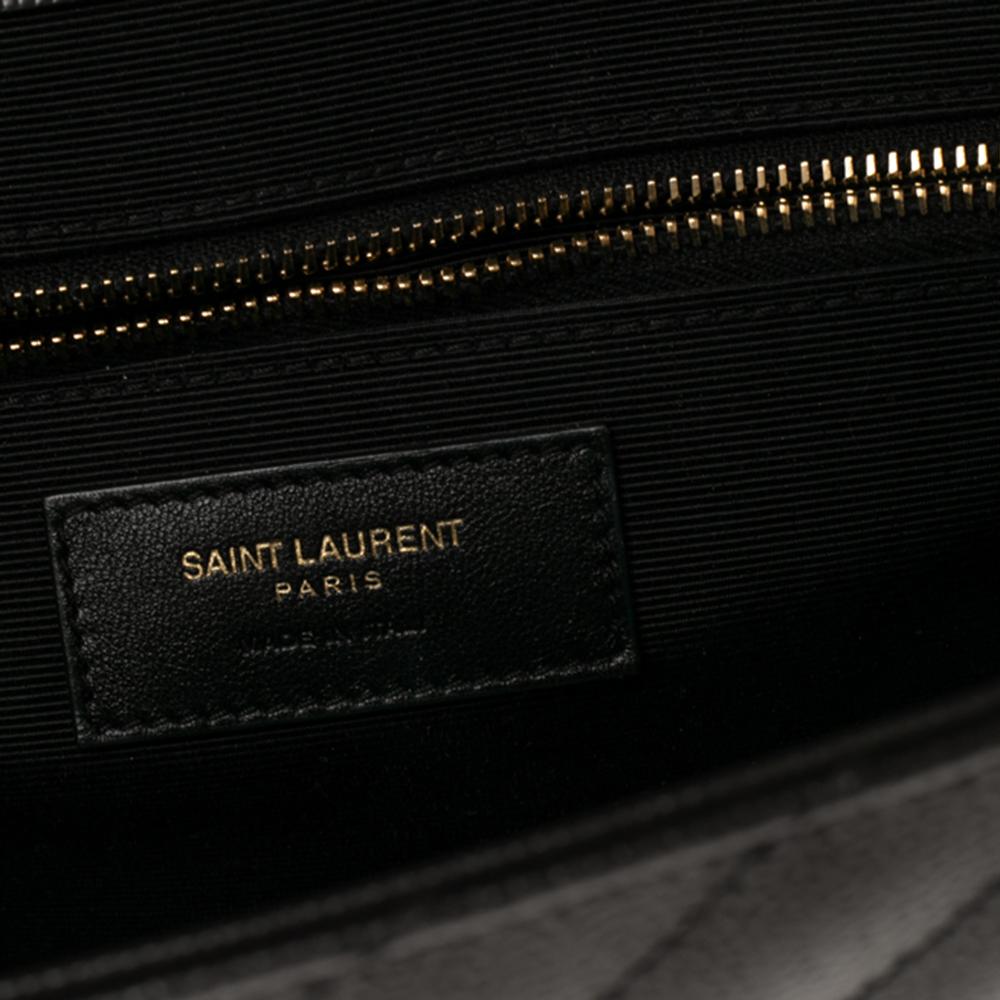 Saint Laurent Dark Grey Matelassé Leather Monogram Envelope Shoulder Bag In Good Condition In Dubai, Al Qouz 2