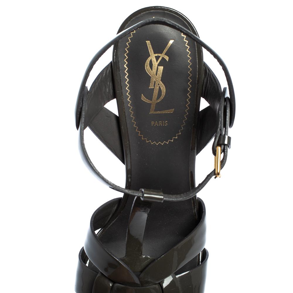 Saint Laurent Dark Grey Patent Leather Tribute Ankle Strap Sandals Size 39.5 1