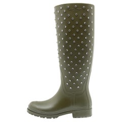 Saint Laurent Dark Khaki Rubber Crystal Studded Festival Rain Boots Size 36