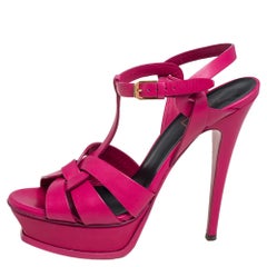 Saint Laurent Dark Pink Leather Tribute Platform Ankle Strap Sandals Size 38