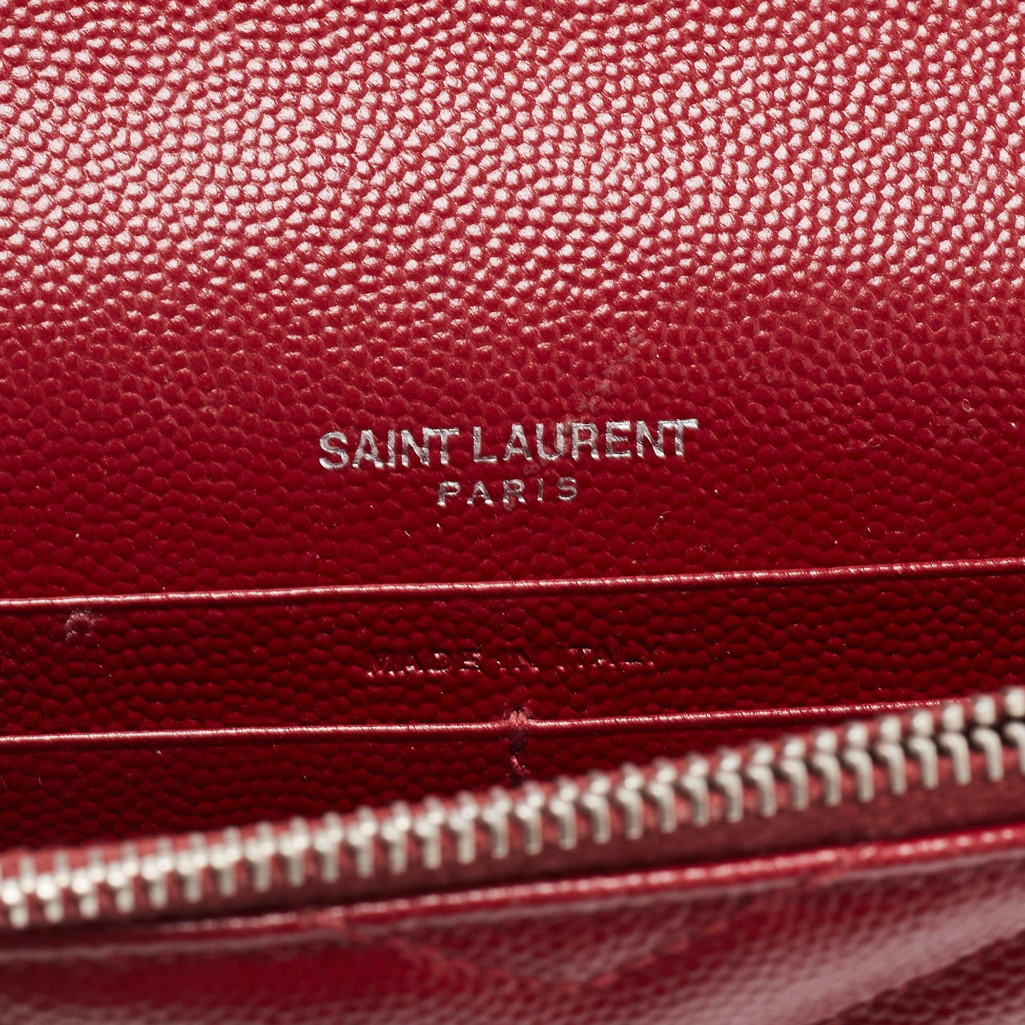 Women's Saint Laurent Dark Red Matelasse Leather Monogram Envelope Wallet on Chain