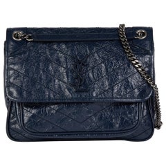 SAINT LAURENT Deep Marine Chevron Quilted Crinkled Calfskin Leather Medium Niki