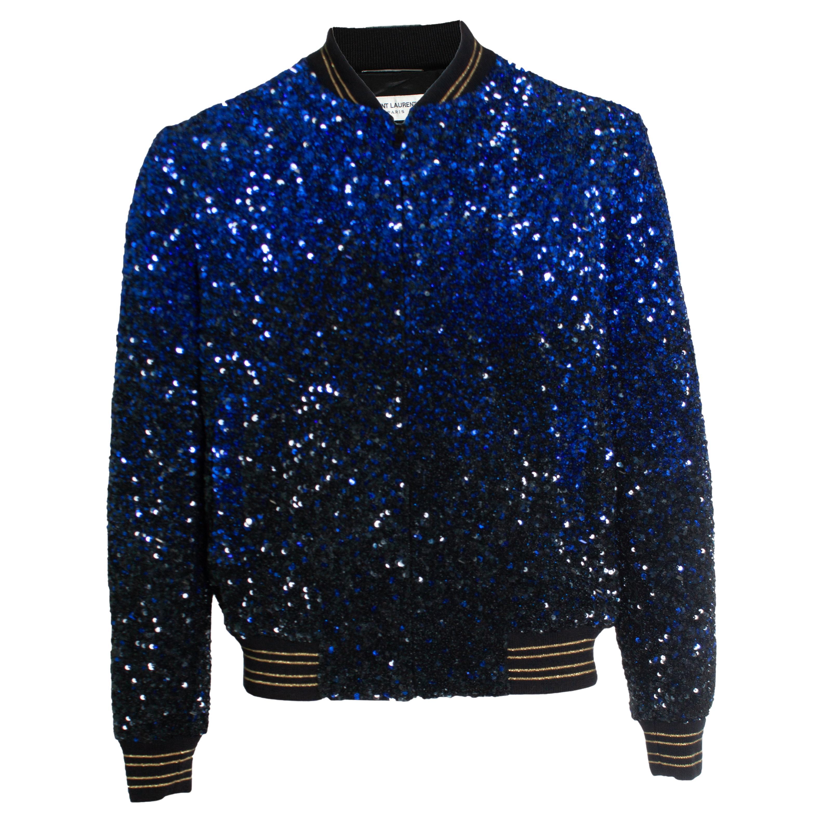 Saint Laurent, Degrade sequinned wool bomber jacket in blue For Sale