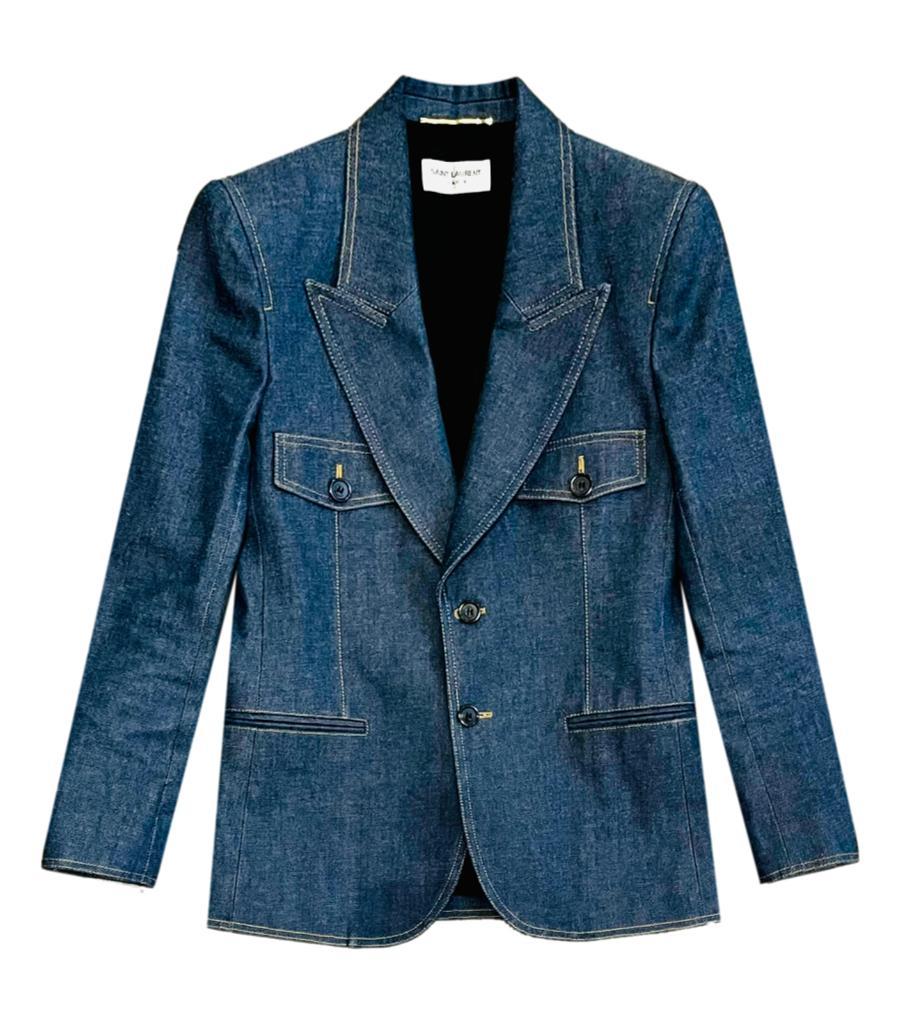 Saint Laurent Denim Jacket & Trousers

Denim blazer jacket with contrasting stitching, button closure and cuffs.

Flap pockets and vented rear. Matching trousers/jeans

Rrp Blazer £2,535, Trousers, £899

Size - 36FR

Condition -