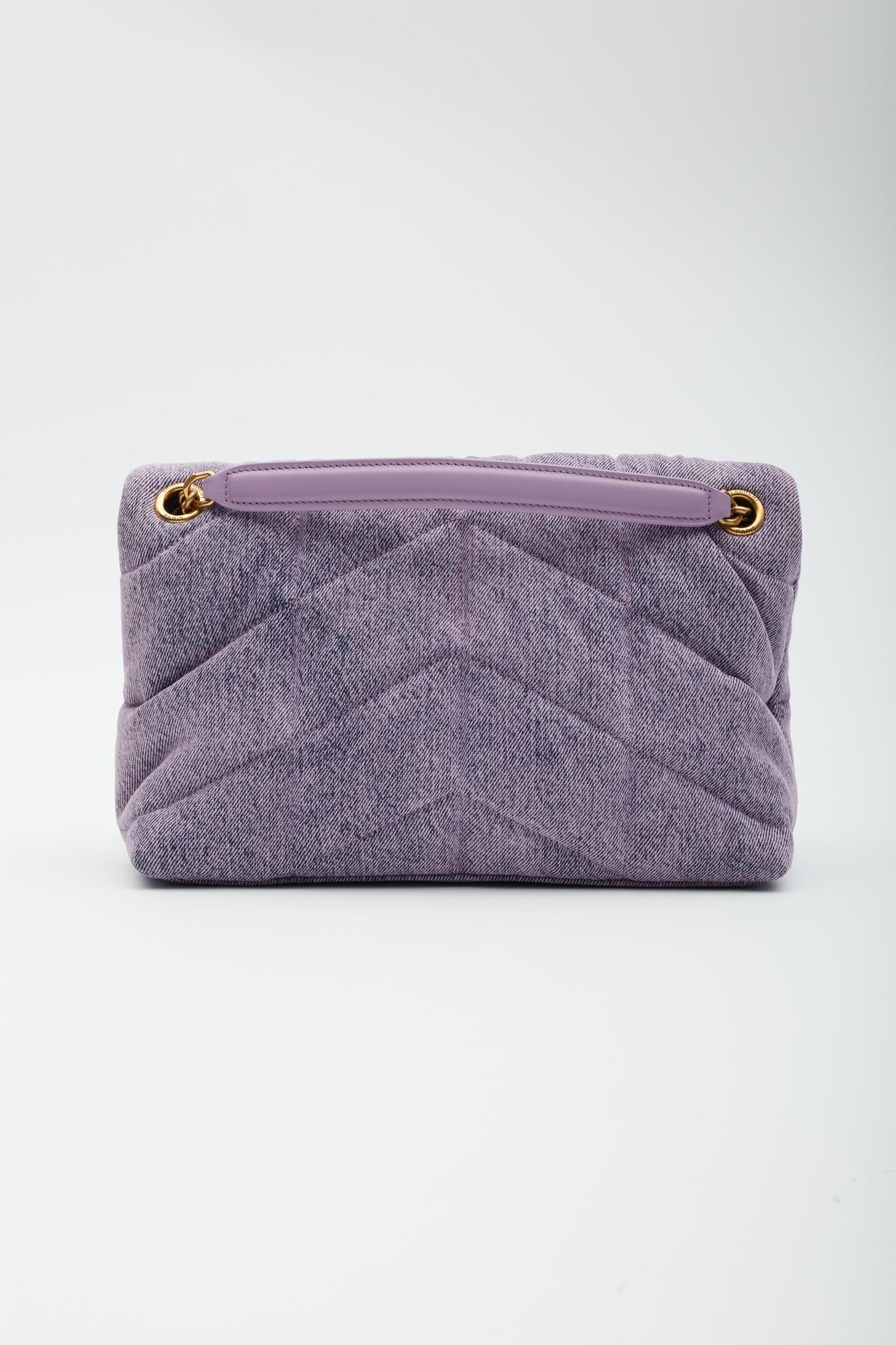 Saint Laurent Denim Quilted Loulou Puffer Lilac Small In New Condition In Montreal, Quebec
