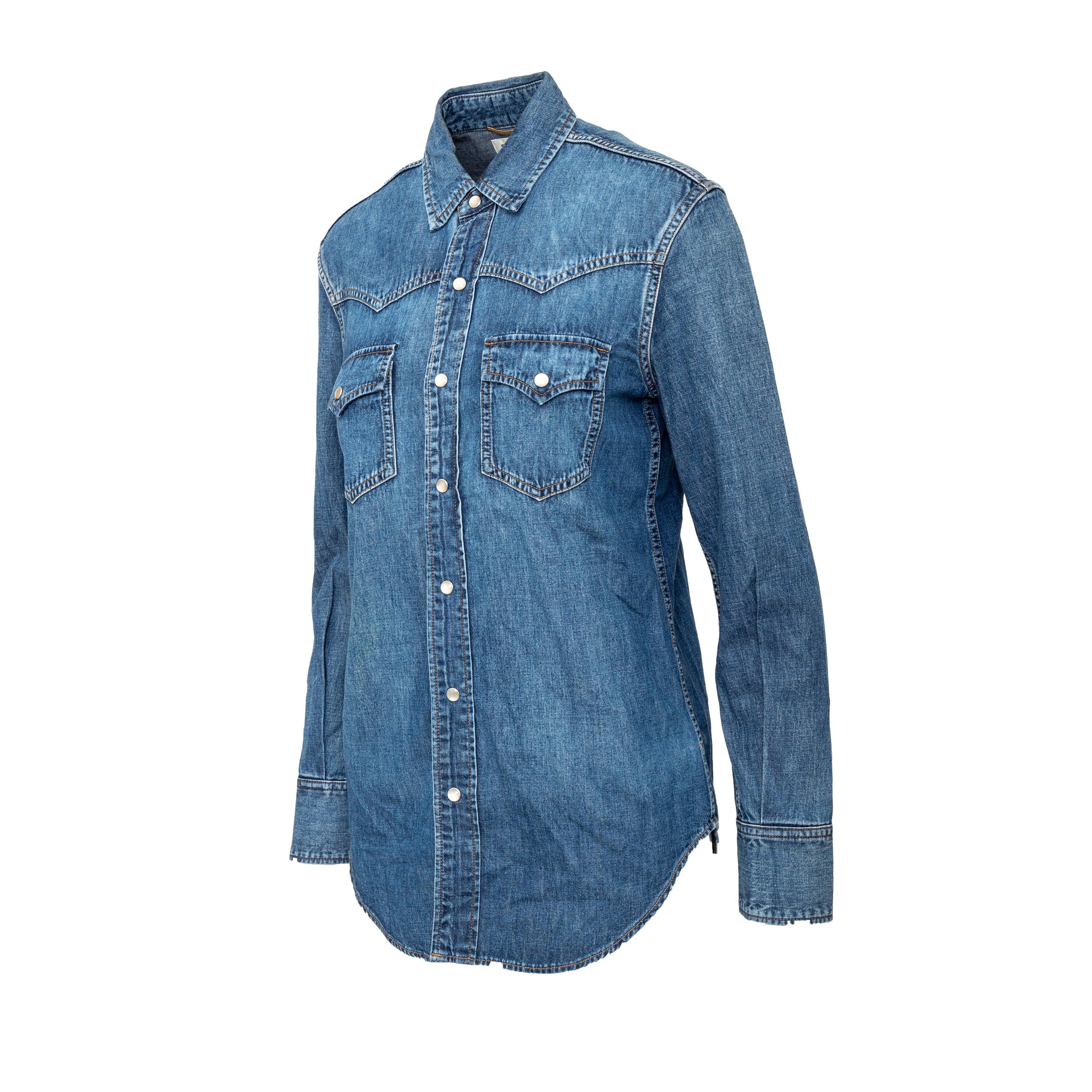 Upgrade your everyday casual wear with the Saint Laurent Denim Shirt. The shirt is expertly crafted from a luxurious cotton and linen blend. With a classic blue denim color, this long shirt features pointed seam details over the chest pockets, snap