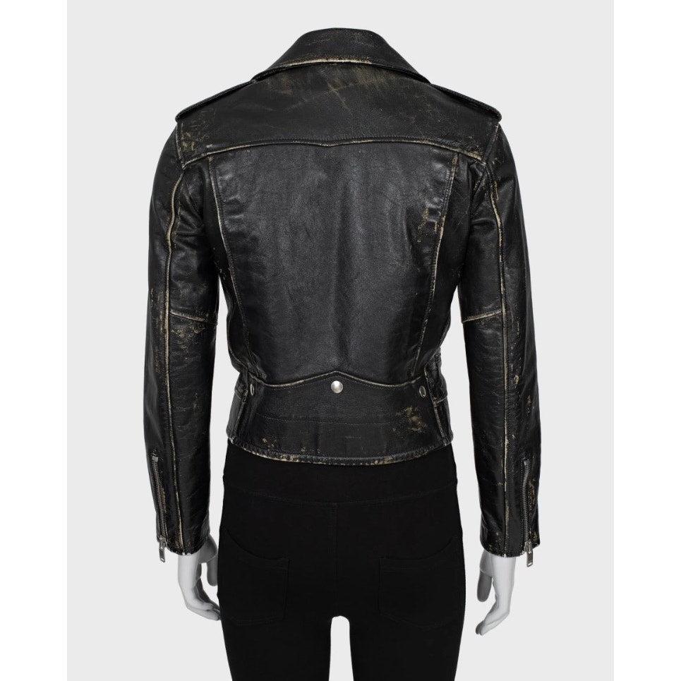 Noir Saint Laurent Distressed Black Leather Jacket - Taille 38/M en vente