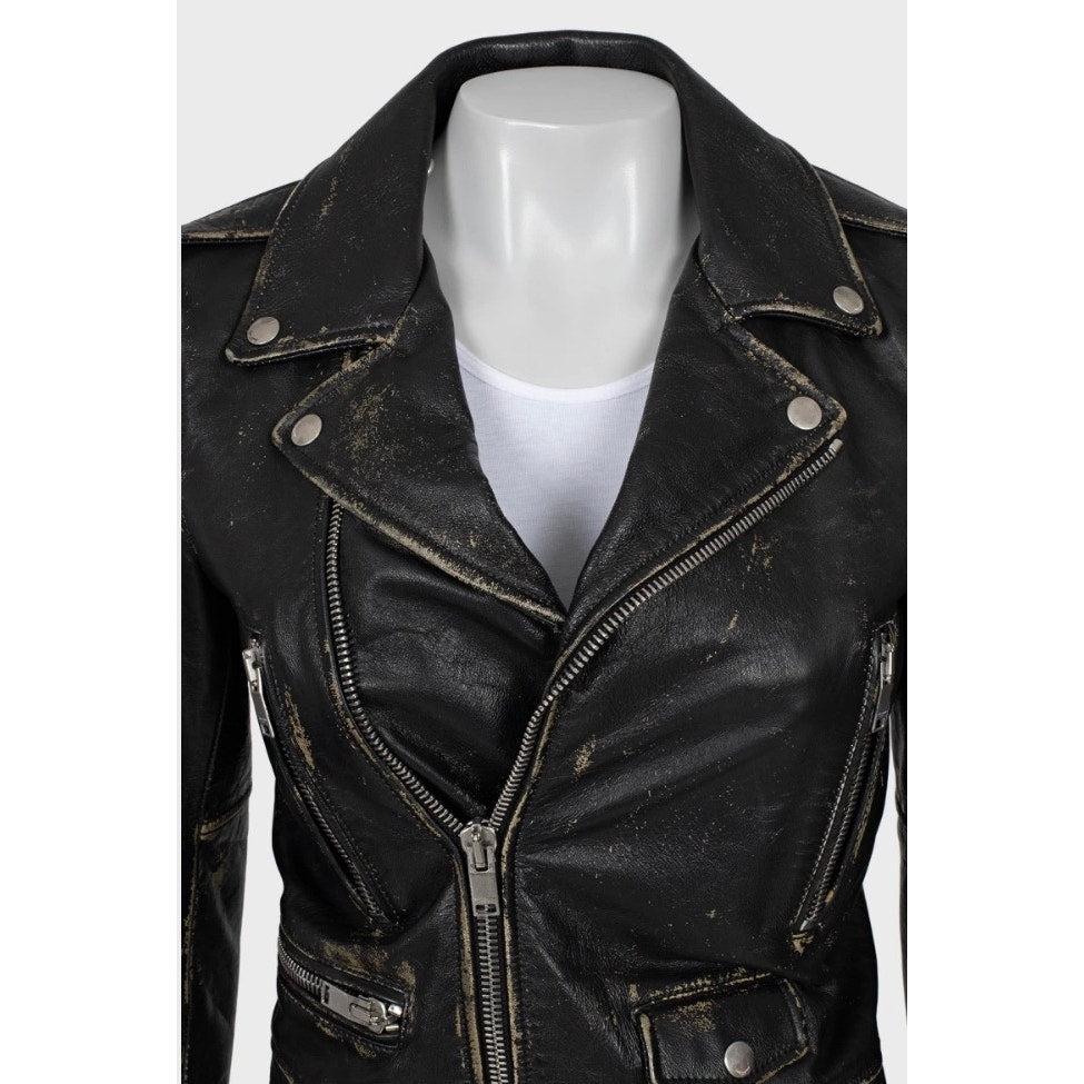 Saint Laurent Distressed Black Leather Jacket - Taille 38/M Excellent état - En vente à Krakow, PL