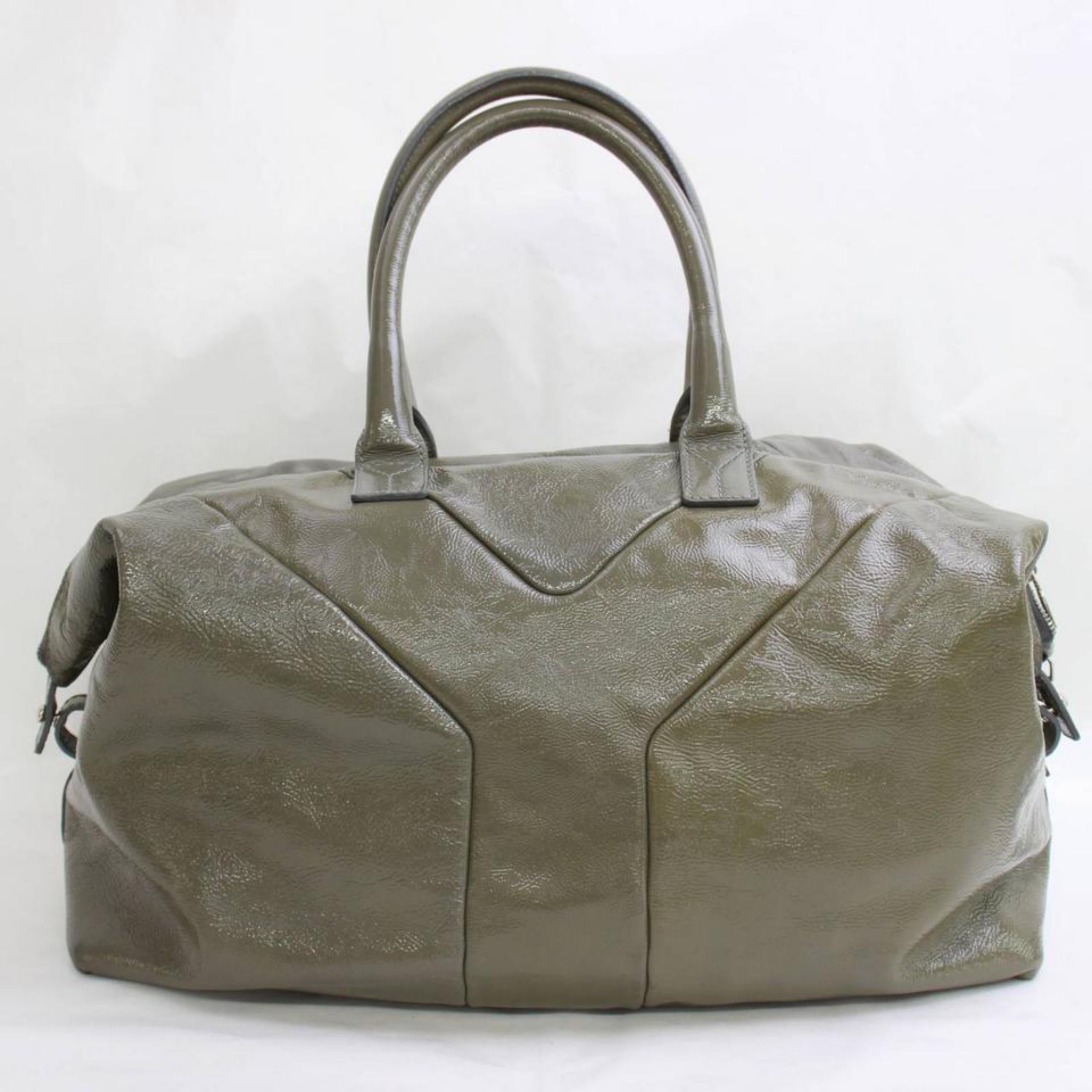 Women's Saint Laurent Duffle Easy Y Boston 867353 Olive Patent Leather Weekend/Travel Ba For Sale