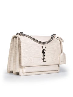 Saint Laurent Ecru Leather Sunset Croc-Embossed Bag