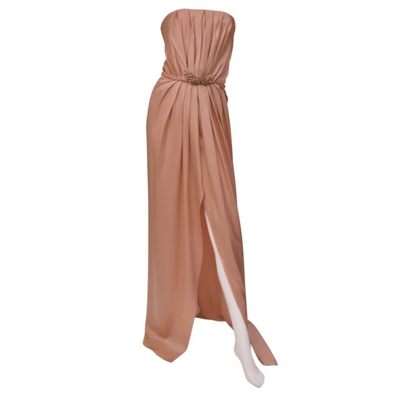 Saint Laurent Edition Soir Crystal Embellished Strapless Nude Long Silk Dress