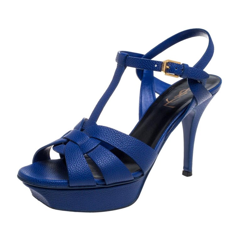 Saint Laurent Electric Blue Textured Leather Tribute Platform Sandals ...