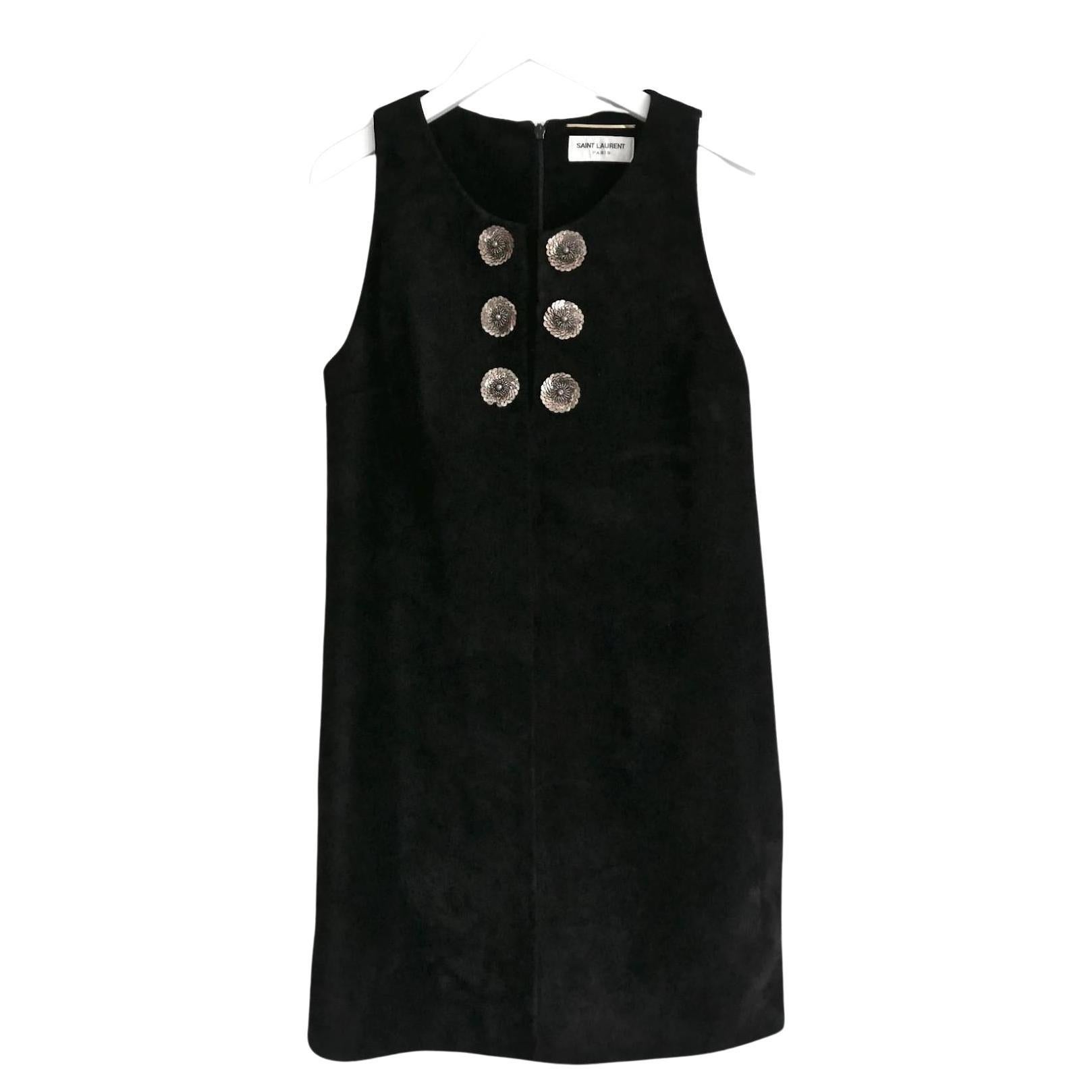 Saint Laurent - Vestito a tubino in pelle scamosciata nera impreziosita in vendita