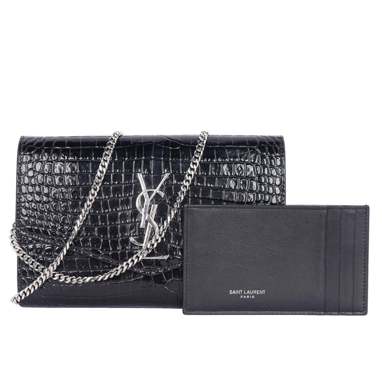 Saint Laurent Embossed Leather Uptown Wallet on Chain Black 7