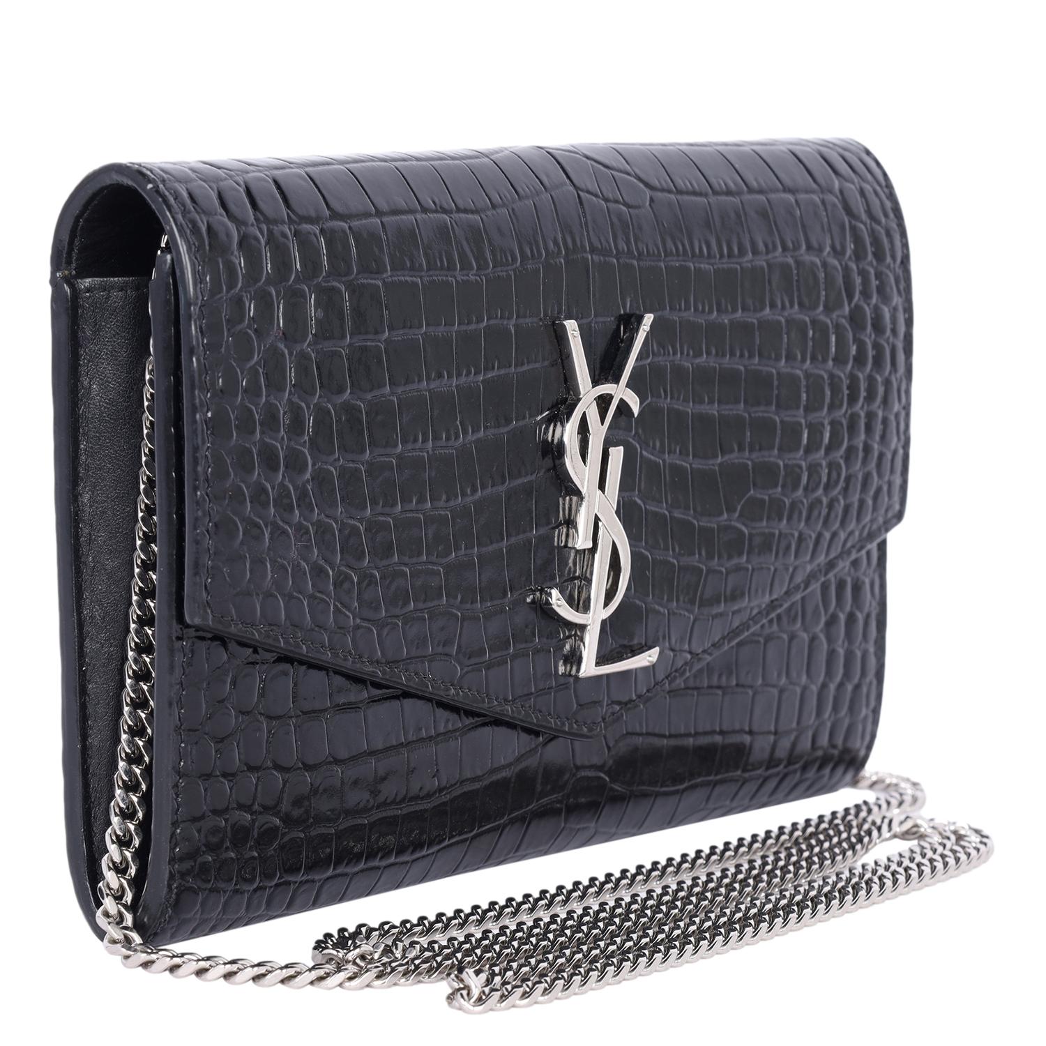 Saint Laurent Embossed Leather Uptown Wallet on Chain Black In Excellent Condition In Salt Lake Cty, UT