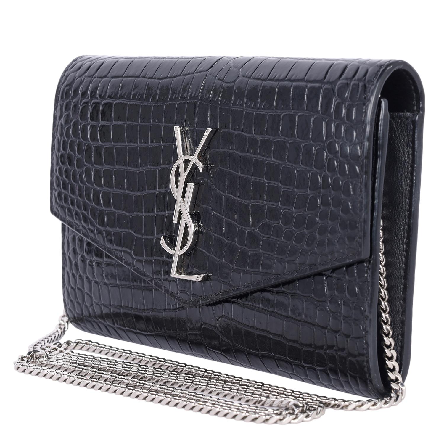 Women's Saint Laurent Embossed Leather Uptown Wallet on Chain Black
