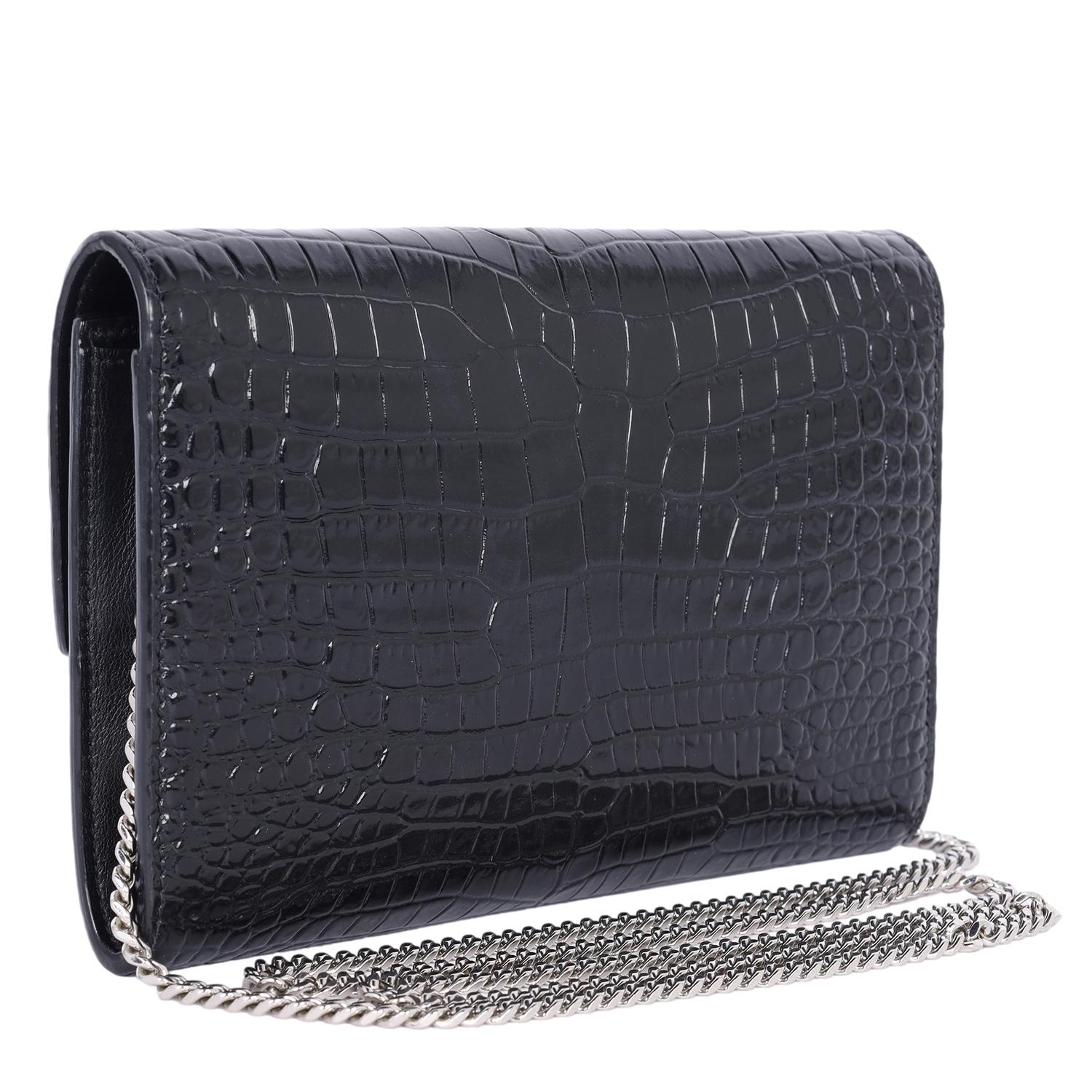 Saint Laurent Embossed Leather Uptown Wallet on Chain Black 2