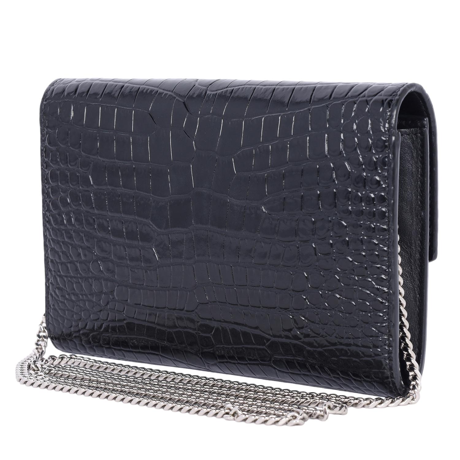 Saint Laurent Embossed Leather Uptown Wallet on Chain Black 3