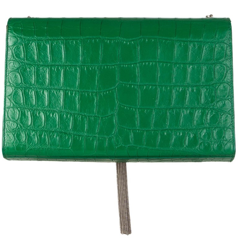 SAINT LAURENT emerald green KATE MEDIUM TASSEL EMBOSSED CROC Shoulder Bag at 1stDibs green