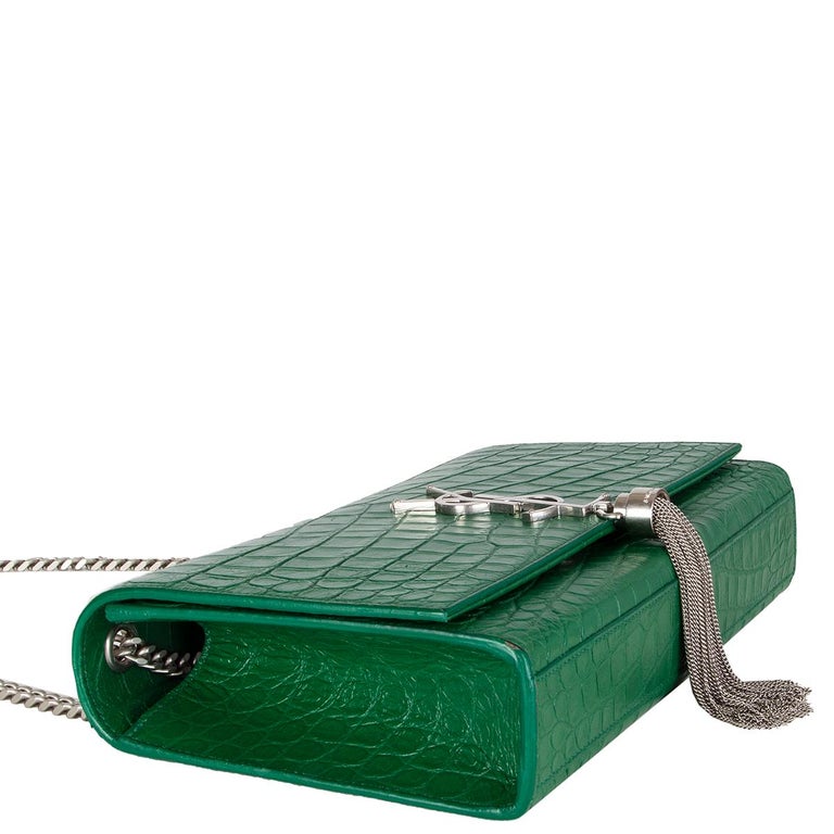 SAINT LAURENT emerald green KATE MEDIUM TASSEL EMBOSSED CROC Shoulder