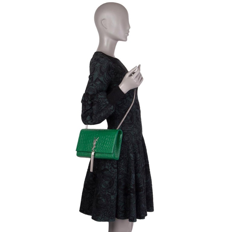 SAINT LAURENT emerald green KATE MEDIUM TASSEL EMBOSSED CROC Shoulder