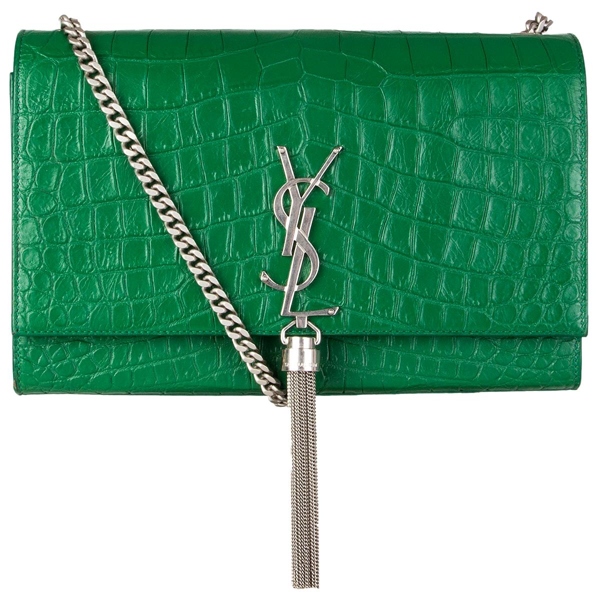 SAINT LAURENT emerald green KATE MEDIUM TASSEL EMBOSSED CROC Shoulder Bag