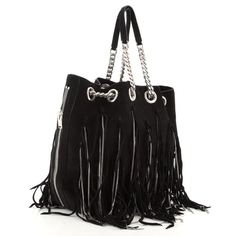 Black Saint Laurent Emmanuelle Chain Bucket Bag Chain Fringe Suede Medium