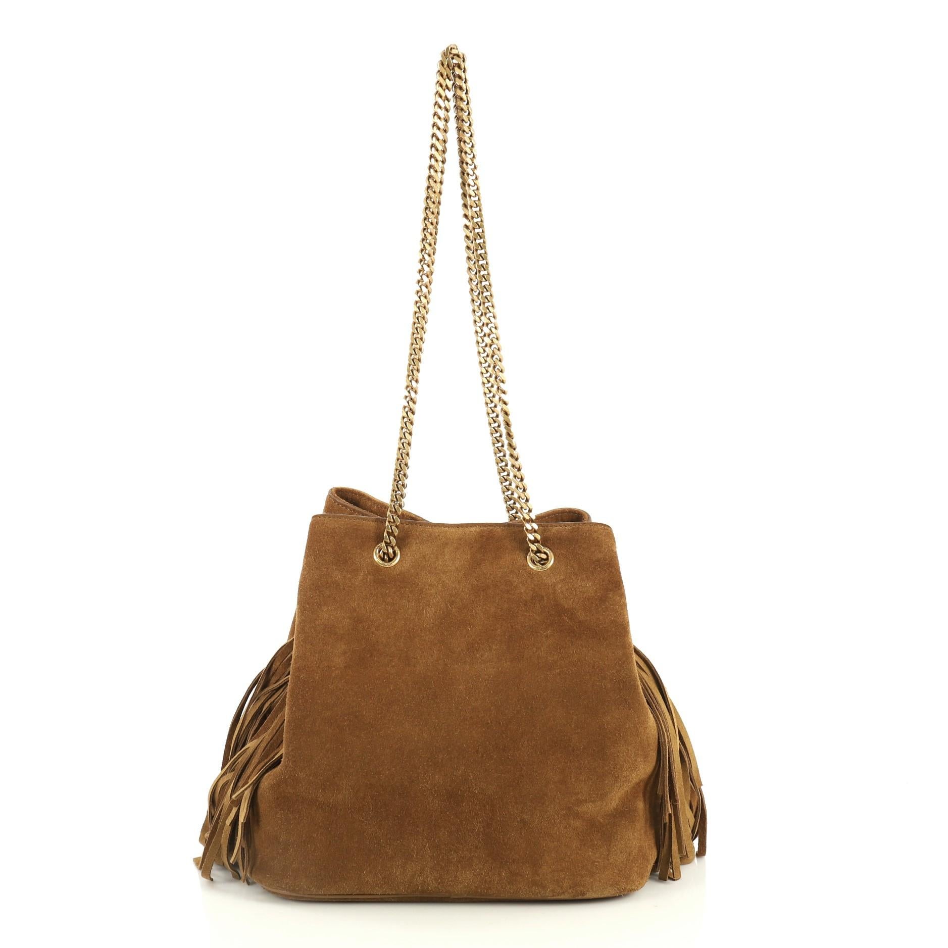 Brown Saint Laurent Emmanuelle Chain Bucket Bag Fringe Suede Small