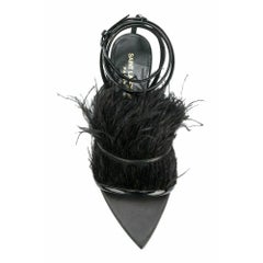 Saint Laurent Era 105 Black Feather Wrap Around Ankle Strap Flat Sandal Size 38
