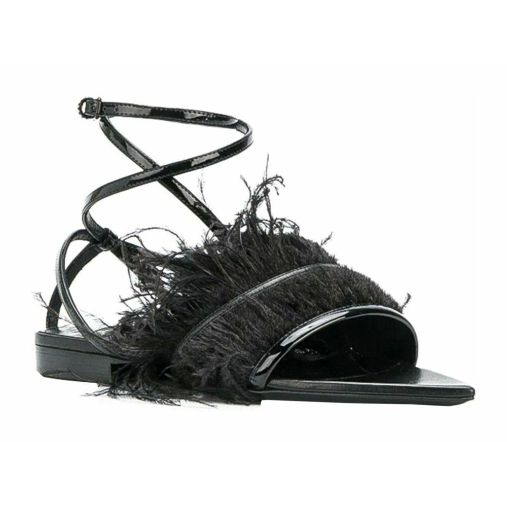 black feather flat sandals
