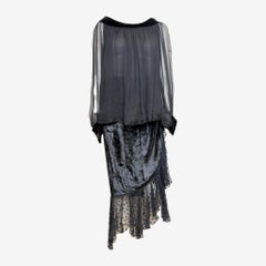 Saint Laurent F/W 1978 Black Sheer Velvet Polka-Dot Ruffled Midi Skirt And Top Ensemble
