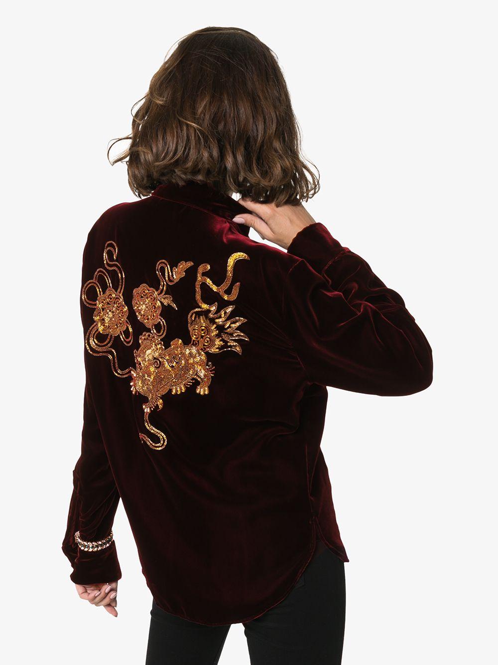 Black Saint Laurent Fall 2019 Runway Burgundy Velvet Embroidered Shirt Size 38